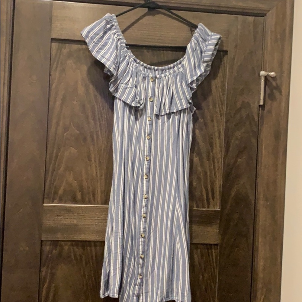 blue off the shoulder dress